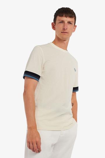 White Fred Perry Striped Cuff Piqué Men's T Shirts | PH 1773AHKP